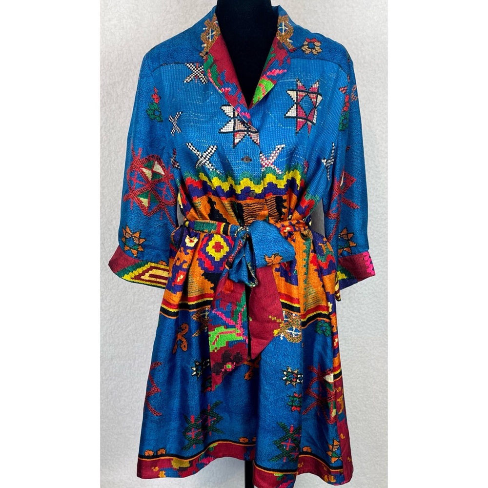 PIERRE-LOUIS MASCIA • Blue/Multi Ethnic 100% Silk Mini Dress, M - Picture 11 of 16